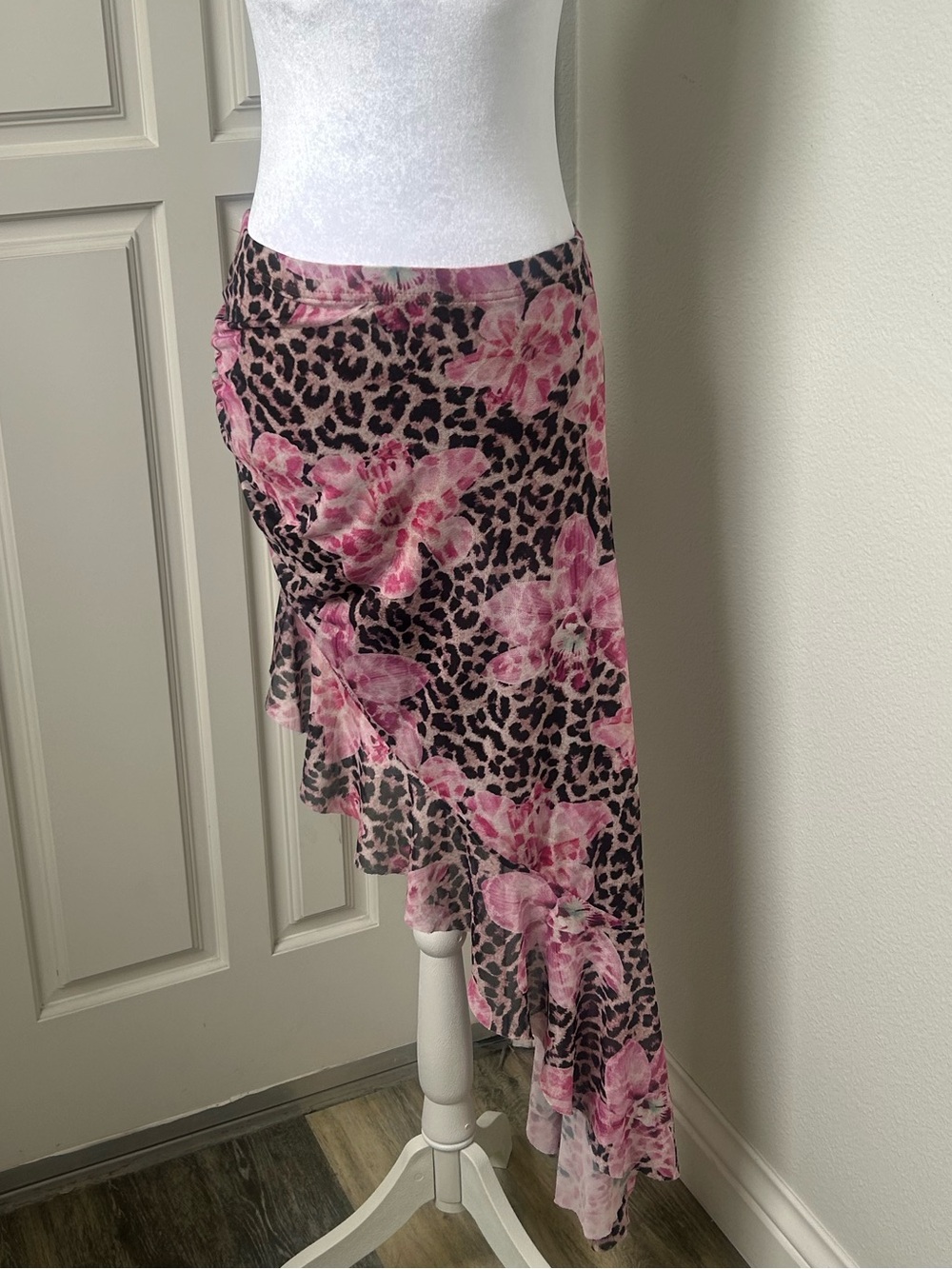 Y2K pink  Floral Leopard Print Asymmetrical Ruffle Maxi Skirt